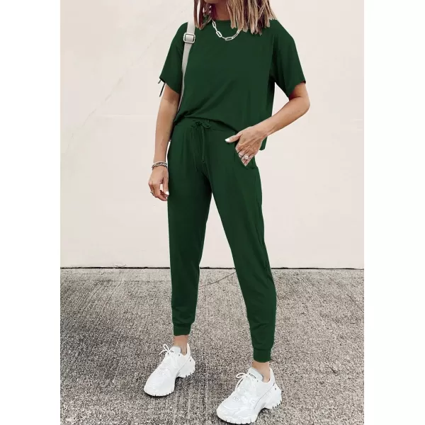 imagePRETTYGARDEN Womens Two Piece Outfit Short Sleeve Pullover with Drawstring Long Pants Tracksuit Jogger SetDark Green