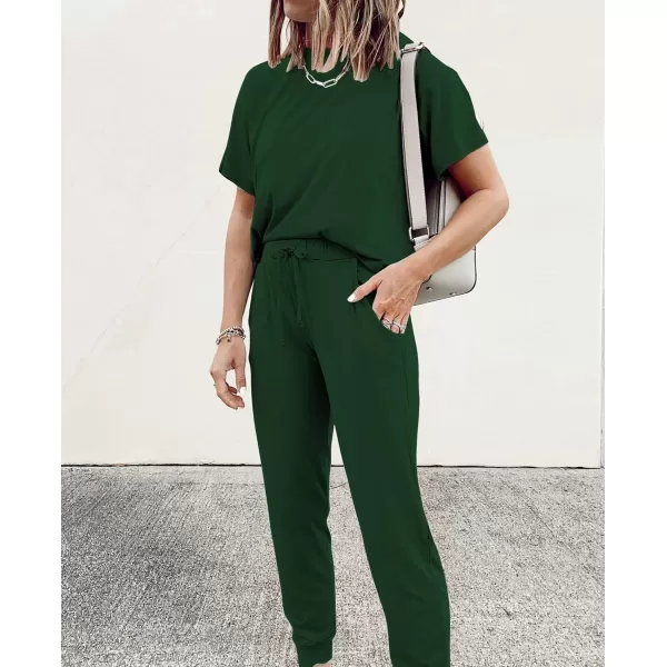 imagePRETTYGARDEN Womens Two Piece Outfit Short Sleeve Pullover with Drawstring Long Pants Tracksuit Jogger SetDark Green