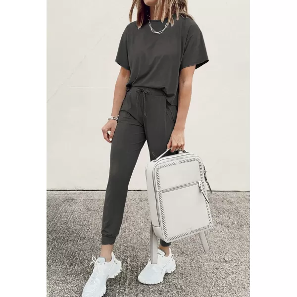 imagePRETTYGARDEN Womens Two Piece Outfit Short Sleeve Pullover with Drawstring Long Pants Tracksuit Jogger SetDark Grey
