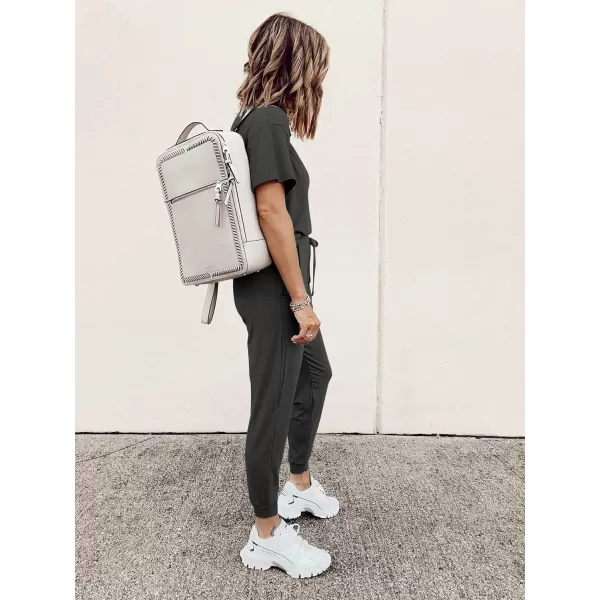 imagePRETTYGARDEN Womens Two Piece Outfit Short Sleeve Pullover with Drawstring Long Pants Tracksuit Jogger SetDark Grey