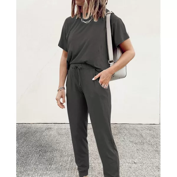 imagePRETTYGARDEN Womens Two Piece Outfit Short Sleeve Pullover with Drawstring Long Pants Tracksuit Jogger SetDark Grey
