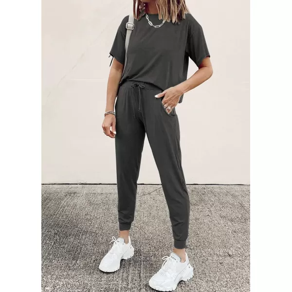 imagePRETTYGARDEN Womens Two Piece Outfit Short Sleeve Pullover with Drawstring Long Pants Tracksuit Jogger SetDark Grey