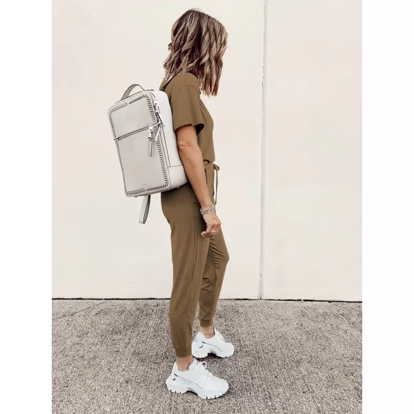 imagePRETTYGARDEN Womens Two Piece Outfit Short Sleeve Pullover with Drawstring Long Pants Tracksuit Jogger SetDark Khaki