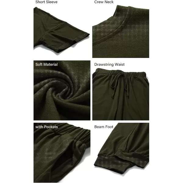imagePRETTYGARDEN Womens Two Piece Outfit Short Sleeve Pullover with Drawstring Long Pants Tracksuit Jogger SetDark Khaki
