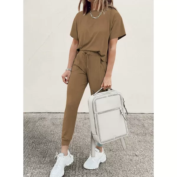 imagePRETTYGARDEN Womens Two Piece Outfit Short Sleeve Pullover with Drawstring Long Pants Tracksuit Jogger SetDark Khaki