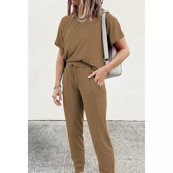 imagePRETTYGARDEN Womens Two Piece Outfit Short Sleeve Pullover with Drawstring Long Pants Tracksuit Jogger SetDark Khaki