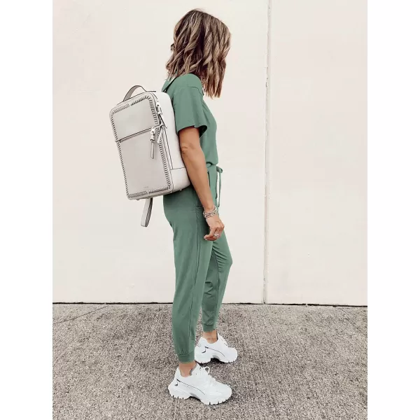 imagePRETTYGARDEN Womens Two Piece Outfit Short Sleeve Pullover with Drawstring Long Pants Tracksuit Jogger SetGreen