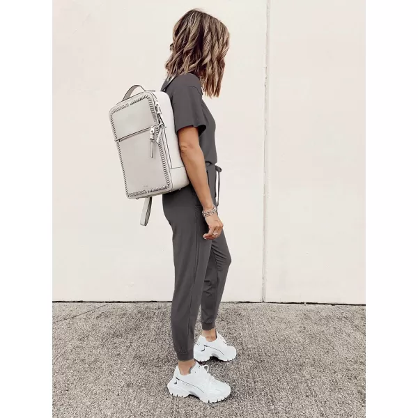imagePRETTYGARDEN Womens Two Piece Outfit Short Sleeve Pullover with Drawstring Long Pants Tracksuit Jogger SetGrey