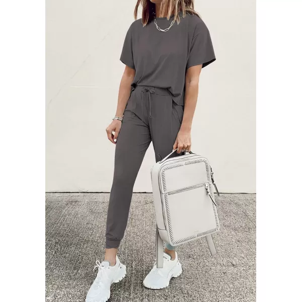 imagePRETTYGARDEN Womens Two Piece Outfit Short Sleeve Pullover with Drawstring Long Pants Tracksuit Jogger SetGrey