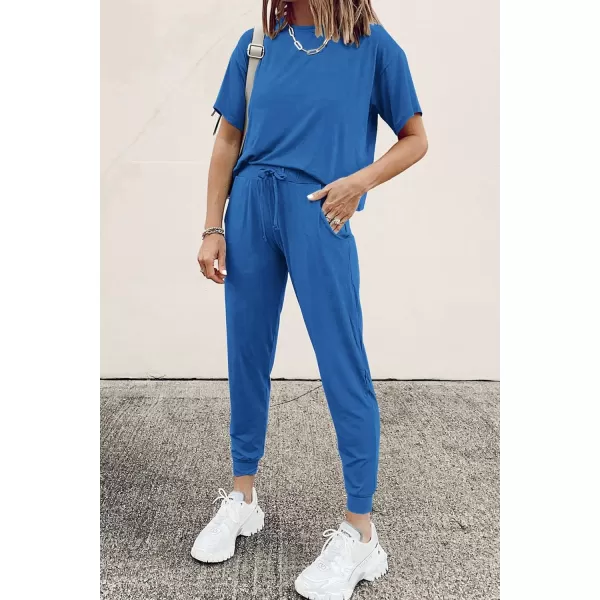 imagePRETTYGARDEN Womens Two Piece Outfit Short Sleeve Pullover with Drawstring Long Pants Tracksuit Jogger SetGrey Blue