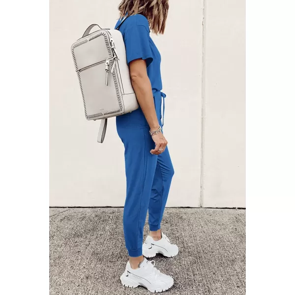 imagePRETTYGARDEN Womens Two Piece Outfit Short Sleeve Pullover with Drawstring Long Pants Tracksuit Jogger SetGrey Blue