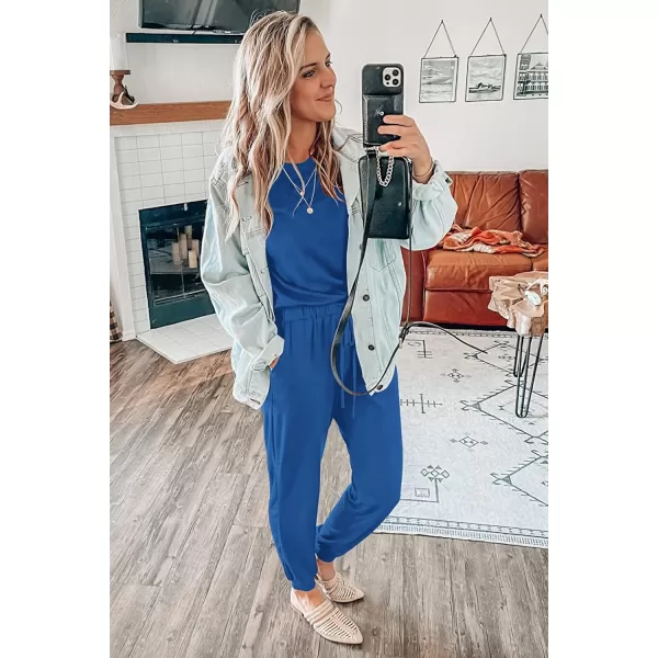imagePRETTYGARDEN Womens Two Piece Outfit Short Sleeve Pullover with Drawstring Long Pants Tracksuit Jogger SetGrey Blue