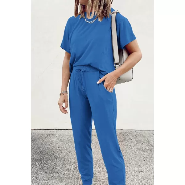 imagePRETTYGARDEN Womens Two Piece Outfit Short Sleeve Pullover with Drawstring Long Pants Tracksuit Jogger SetGrey Blue