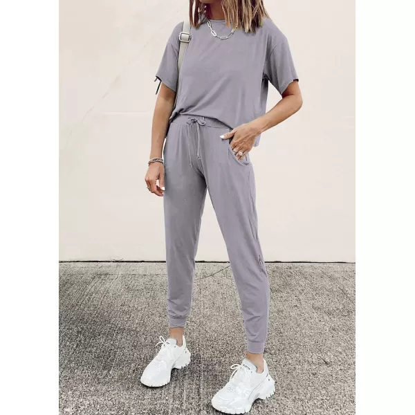 imagePRETTYGARDEN Womens Two Piece Outfit Short Sleeve Pullover with Drawstring Long Pants Tracksuit Jogger SetLight Grey