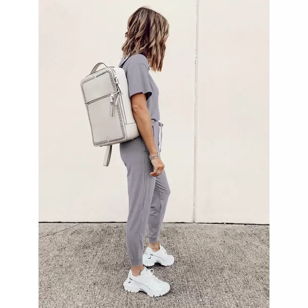 imagePRETTYGARDEN Womens Two Piece Outfit Short Sleeve Pullover with Drawstring Long Pants Tracksuit Jogger SetLight Grey
