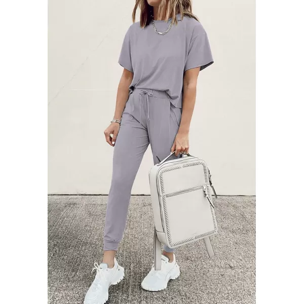 imagePRETTYGARDEN Womens Two Piece Outfit Short Sleeve Pullover with Drawstring Long Pants Tracksuit Jogger SetLight Grey