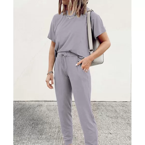 imagePRETTYGARDEN Womens Two Piece Outfit Short Sleeve Pullover with Drawstring Long Pants Tracksuit Jogger SetLight Grey