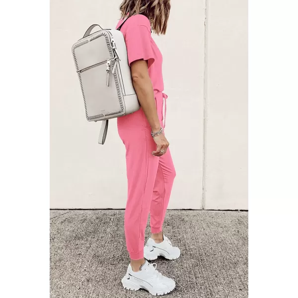 imagePRETTYGARDEN Womens Two Piece Outfit Short Sleeve Pullover with Drawstring Long Pants Tracksuit Jogger SetLight Pink