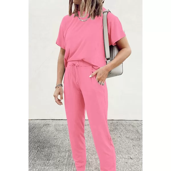 imagePRETTYGARDEN Womens Two Piece Outfit Short Sleeve Pullover with Drawstring Long Pants Tracksuit Jogger SetLight Pink