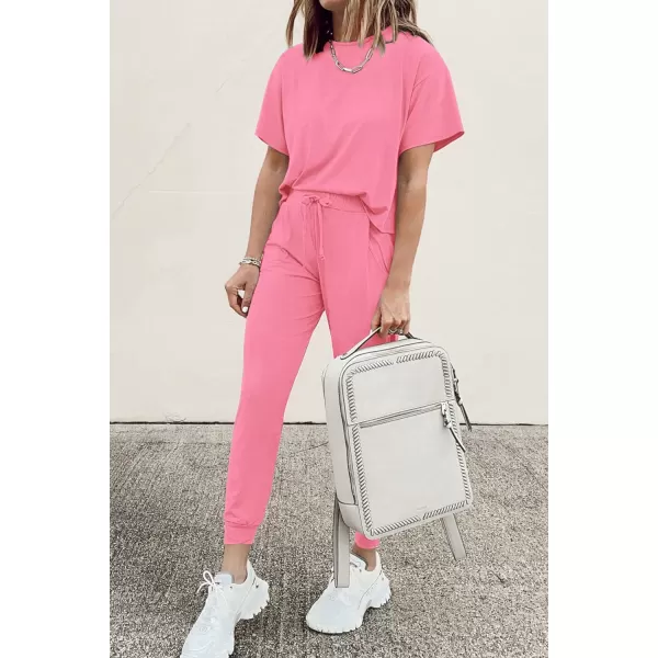 imagePRETTYGARDEN Womens Two Piece Outfit Short Sleeve Pullover with Drawstring Long Pants Tracksuit Jogger SetLight Pink