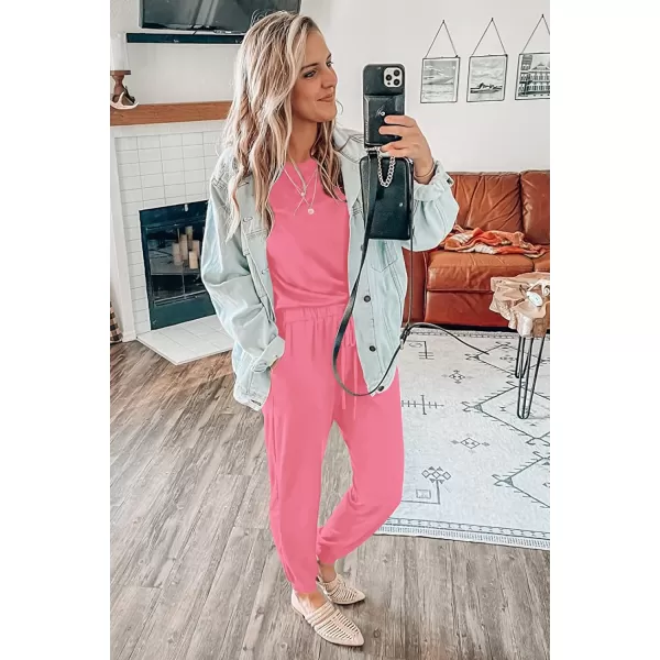 imagePRETTYGARDEN Womens Two Piece Outfit Short Sleeve Pullover with Drawstring Long Pants Tracksuit Jogger SetLight Pink