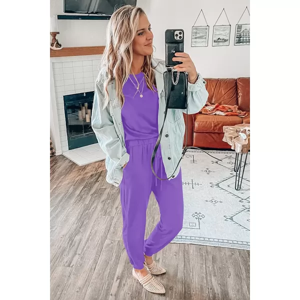 imagePRETTYGARDEN Womens Two Piece Outfit Short Sleeve Pullover with Drawstring Long Pants Tracksuit Jogger SetLight Purple