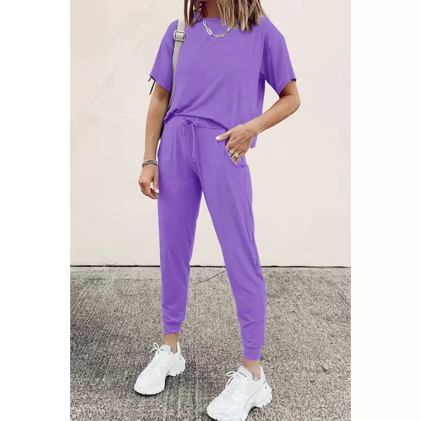 imagePRETTYGARDEN Womens Two Piece Outfit Short Sleeve Pullover with Drawstring Long Pants Tracksuit Jogger SetLight Purple