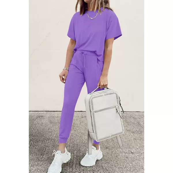 imagePRETTYGARDEN Womens Two Piece Outfit Short Sleeve Pullover with Drawstring Long Pants Tracksuit Jogger SetLight Purple