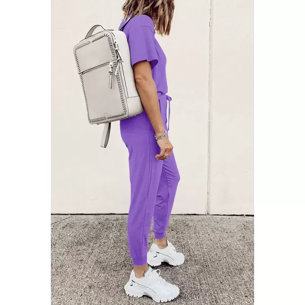 imagePRETTYGARDEN Womens Two Piece Outfit Short Sleeve Pullover with Drawstring Long Pants Tracksuit Jogger SetLight Purple
