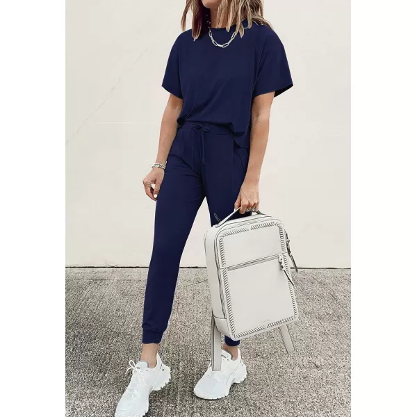 imagePRETTYGARDEN Womens Two Piece Outfit Short Sleeve Pullover with Drawstring Long Pants Tracksuit Jogger SetNavy