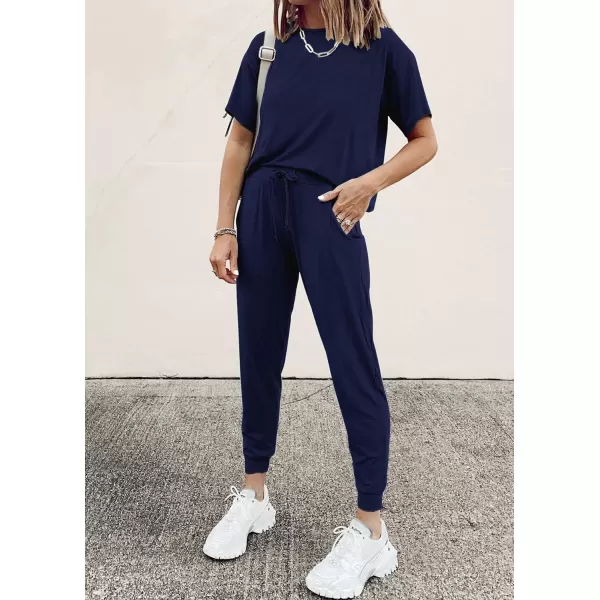 imagePRETTYGARDEN Womens Two Piece Outfit Short Sleeve Pullover with Drawstring Long Pants Tracksuit Jogger SetNavy