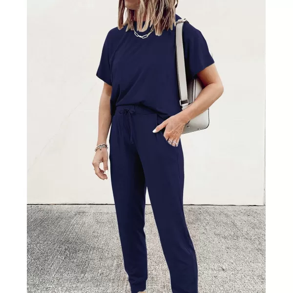 imagePRETTYGARDEN Womens Two Piece Outfit Short Sleeve Pullover with Drawstring Long Pants Tracksuit Jogger SetNavy