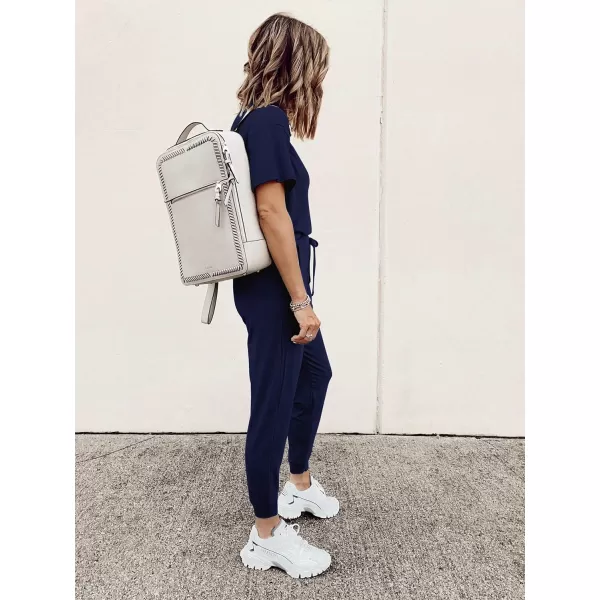 imagePRETTYGARDEN Womens Two Piece Outfit Short Sleeve Pullover with Drawstring Long Pants Tracksuit Jogger SetNavy