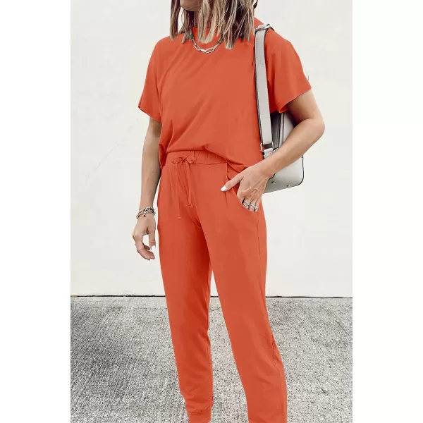 imagePRETTYGARDEN Womens Two Piece Outfit Short Sleeve Pullover with Drawstring Long Pants Tracksuit Jogger SetOrange Red