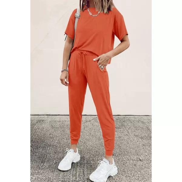 imagePRETTYGARDEN Womens Two Piece Outfit Short Sleeve Pullover with Drawstring Long Pants Tracksuit Jogger SetOrange Red