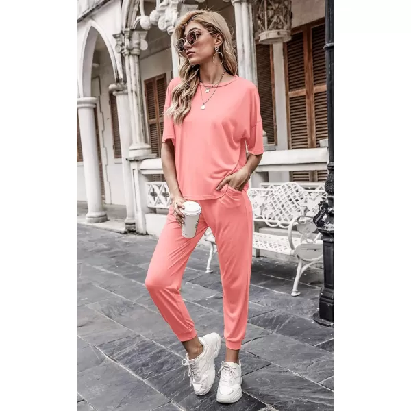 imagePRETTYGARDEN Womens Two Piece Outfit Short Sleeve Pullover with Drawstring Long Pants Tracksuit Jogger SetPink