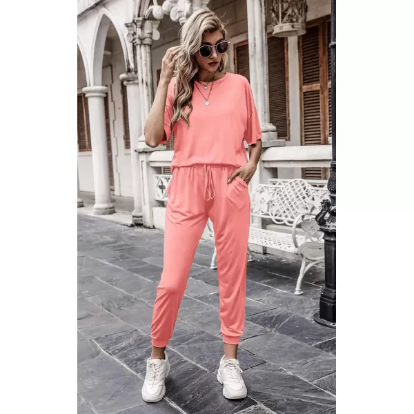 imagePRETTYGARDEN Womens Two Piece Outfit Short Sleeve Pullover with Drawstring Long Pants Tracksuit Jogger SetPink