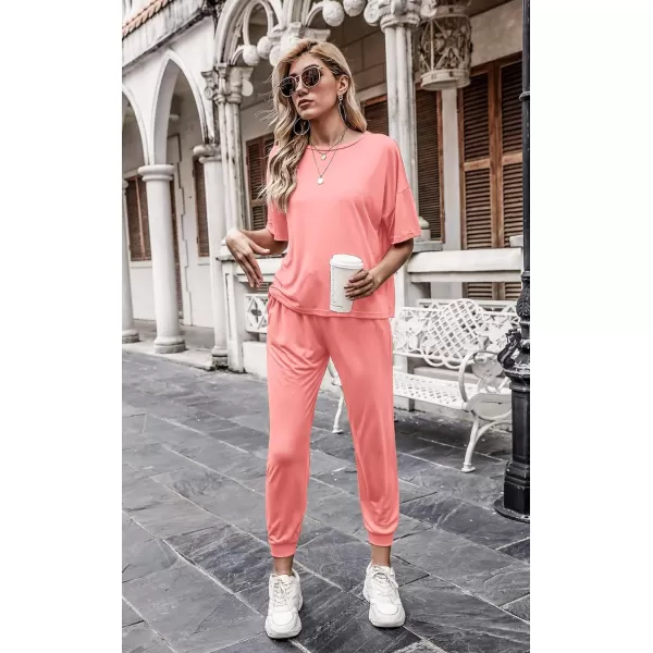 imagePRETTYGARDEN Womens Two Piece Outfit Short Sleeve Pullover with Drawstring Long Pants Tracksuit Jogger SetPink