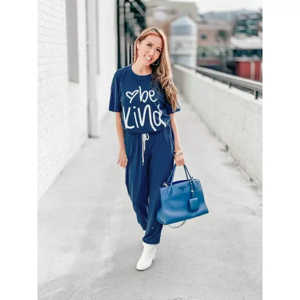 imagePRETTYGARDEN Womens Two Piece Outfit Short Sleeve Pullover with Drawstring Long Pants Tracksuit Jogger SetPrint Dark Blue