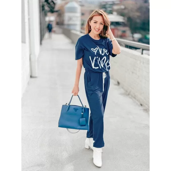 imagePRETTYGARDEN Womens Two Piece Outfit Short Sleeve Pullover with Drawstring Long Pants Tracksuit Jogger SetPrint Dark Blue