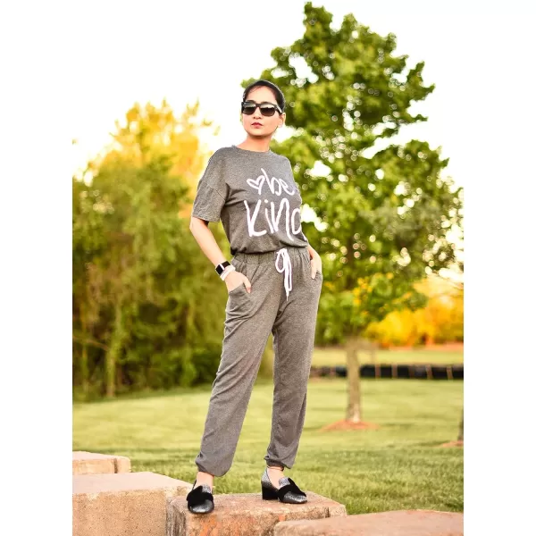 imagePRETTYGARDEN Womens Two Piece Outfit Short Sleeve Pullover with Drawstring Long Pants Tracksuit Jogger SetPrint Dark Grey