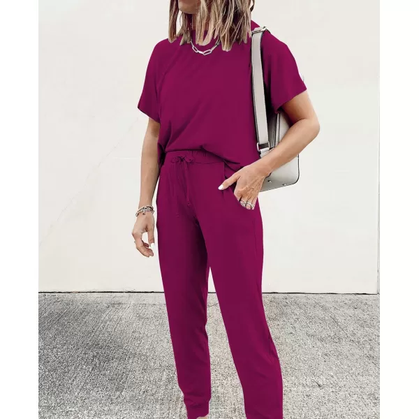 imagePRETTYGARDEN Womens Two Piece Outfit Short Sleeve Pullover with Drawstring Long Pants Tracksuit Jogger SetPurple