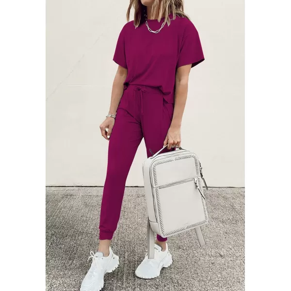 imagePRETTYGARDEN Womens Two Piece Outfit Short Sleeve Pullover with Drawstring Long Pants Tracksuit Jogger SetPurple