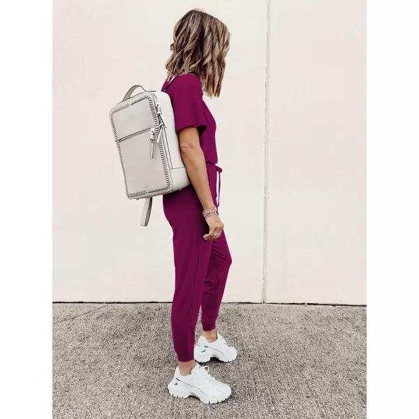 imagePRETTYGARDEN Womens Two Piece Outfit Short Sleeve Pullover with Drawstring Long Pants Tracksuit Jogger SetPurple
