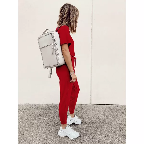 imagePRETTYGARDEN Womens Two Piece Outfit Short Sleeve Pullover with Drawstring Long Pants Tracksuit Jogger SetRed