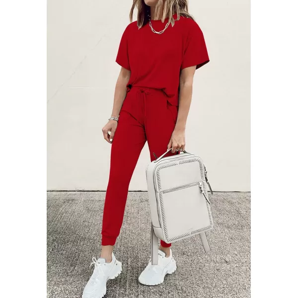 imagePRETTYGARDEN Womens Two Piece Outfit Short Sleeve Pullover with Drawstring Long Pants Tracksuit Jogger SetRed