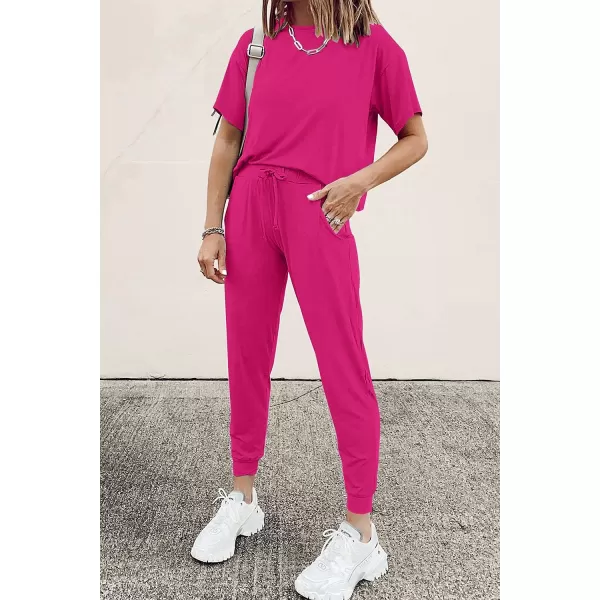 imagePRETTYGARDEN Womens Two Piece Outfit Short Sleeve Pullover with Drawstring Long Pants Tracksuit Jogger SetRose Red