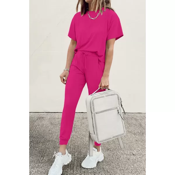 imagePRETTYGARDEN Womens Two Piece Outfit Short Sleeve Pullover with Drawstring Long Pants Tracksuit Jogger SetRose Red