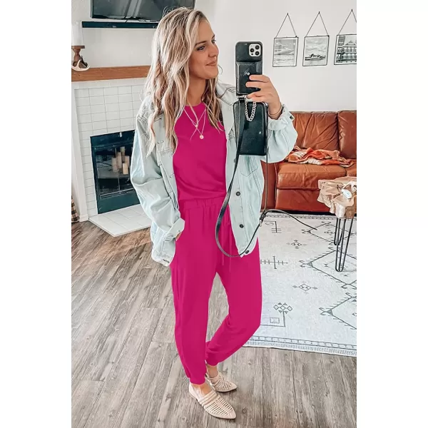 imagePRETTYGARDEN Womens Two Piece Outfit Short Sleeve Pullover with Drawstring Long Pants Tracksuit Jogger SetRose Red