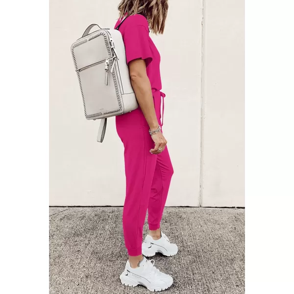 imagePRETTYGARDEN Womens Two Piece Outfit Short Sleeve Pullover with Drawstring Long Pants Tracksuit Jogger SetRose Red